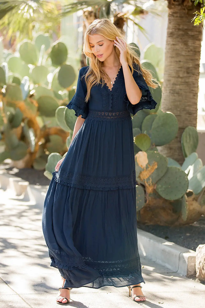 V-NECK LACE TRIM MAXI DRESS Sassy Sapphire Boutique V-NECK LACE TRIM MAXI DRESS Sassy Sapphire Boutique