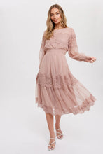 Load image into Gallery viewer, LACE TRIM MESH MIDI DRESS