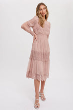 Load image into Gallery viewer, LACE TRIM MESH MIDI DRESS