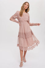 Load image into Gallery viewer, LACE TRIM MESH MIDI DRESS