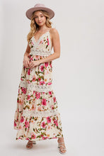 Load image into Gallery viewer, Floral Print Tiered Lace Contrast Maxi Dress