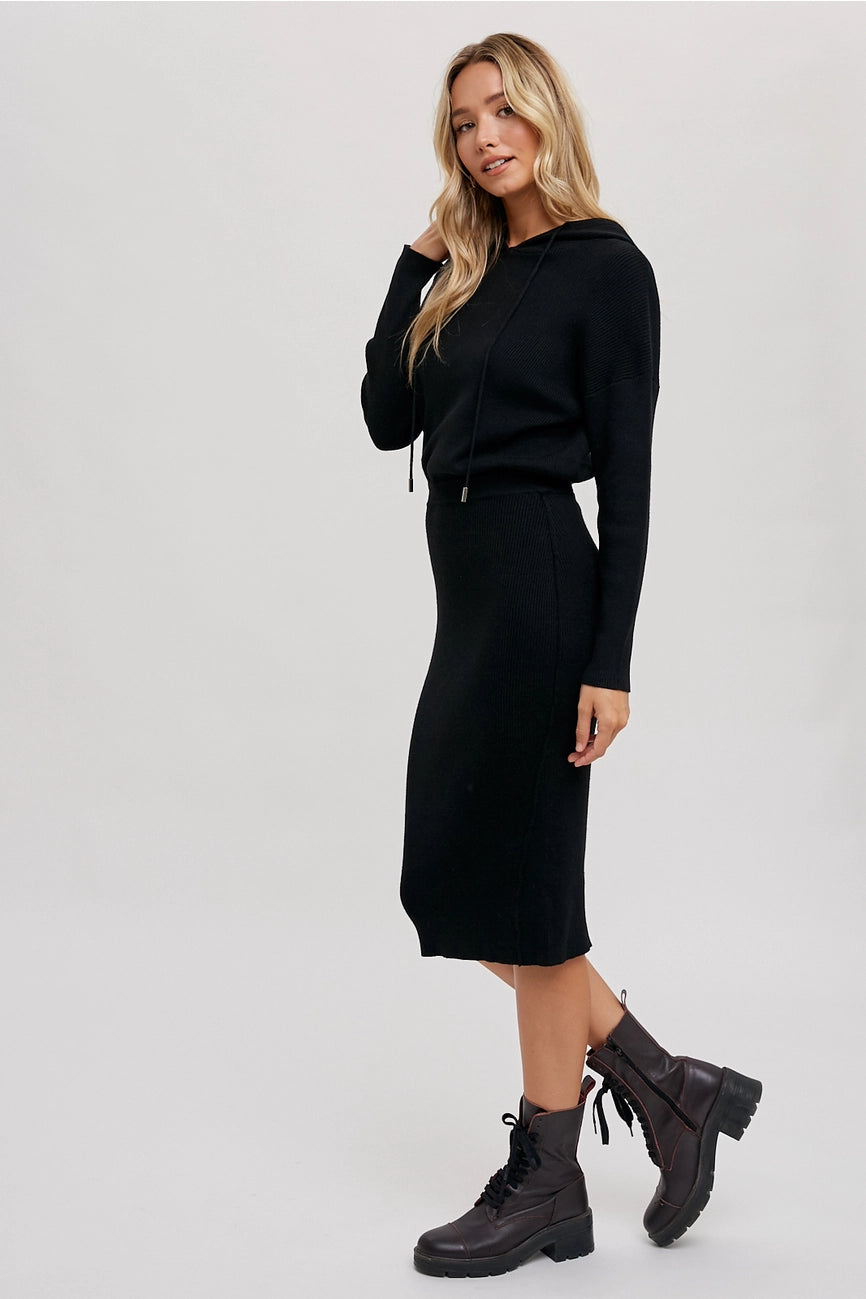 sweater dresses hoodie RIBBED SWEATER HOODIE DRESS Black / Large