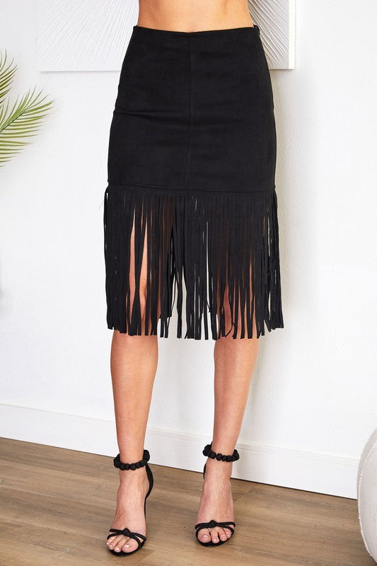 FAUX SUEDE MID LENGTH FRINGED SKIRT