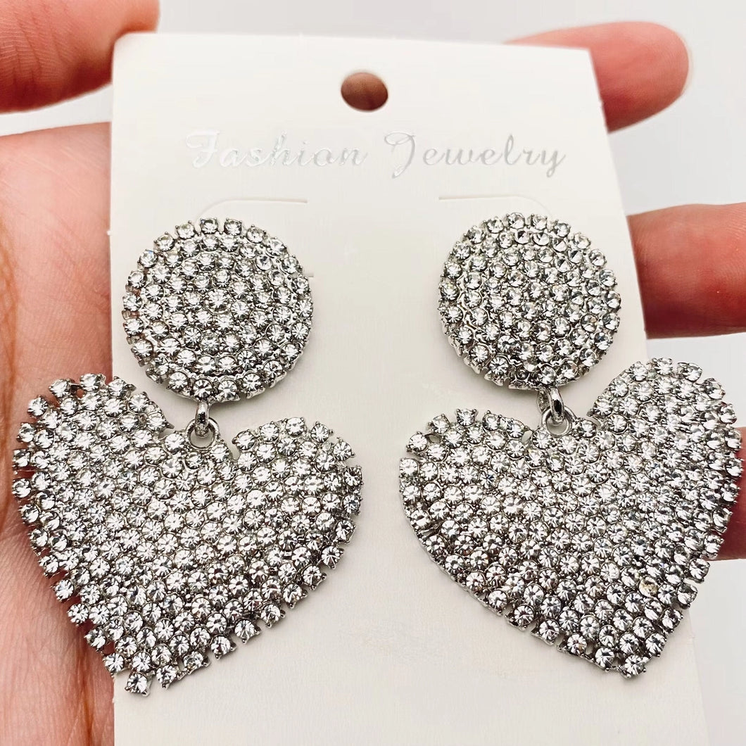 Heart-Shaped Earrings Studded with Rhinestones