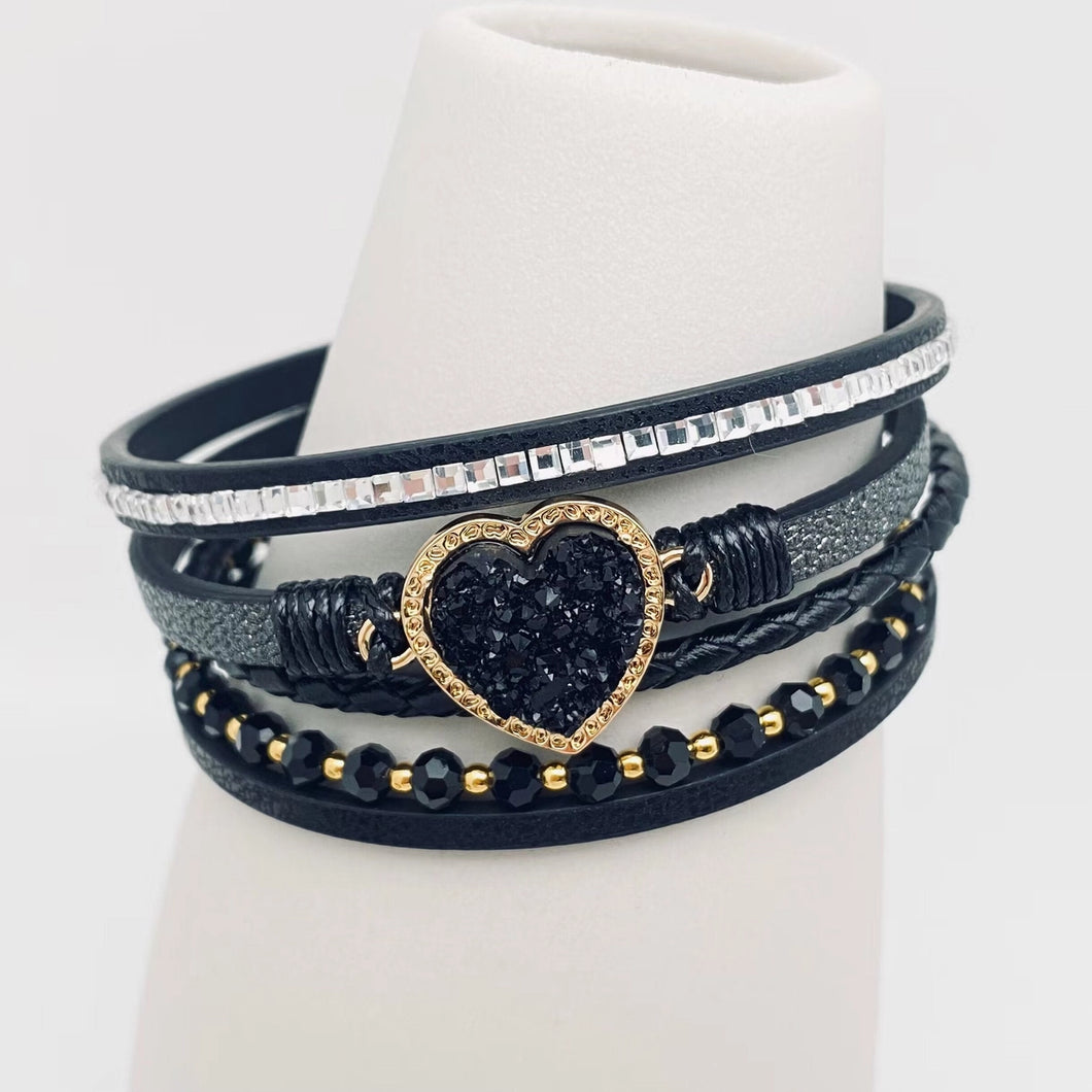 Heart Charm Woven Leather Bracelet with Magnetic Buckle