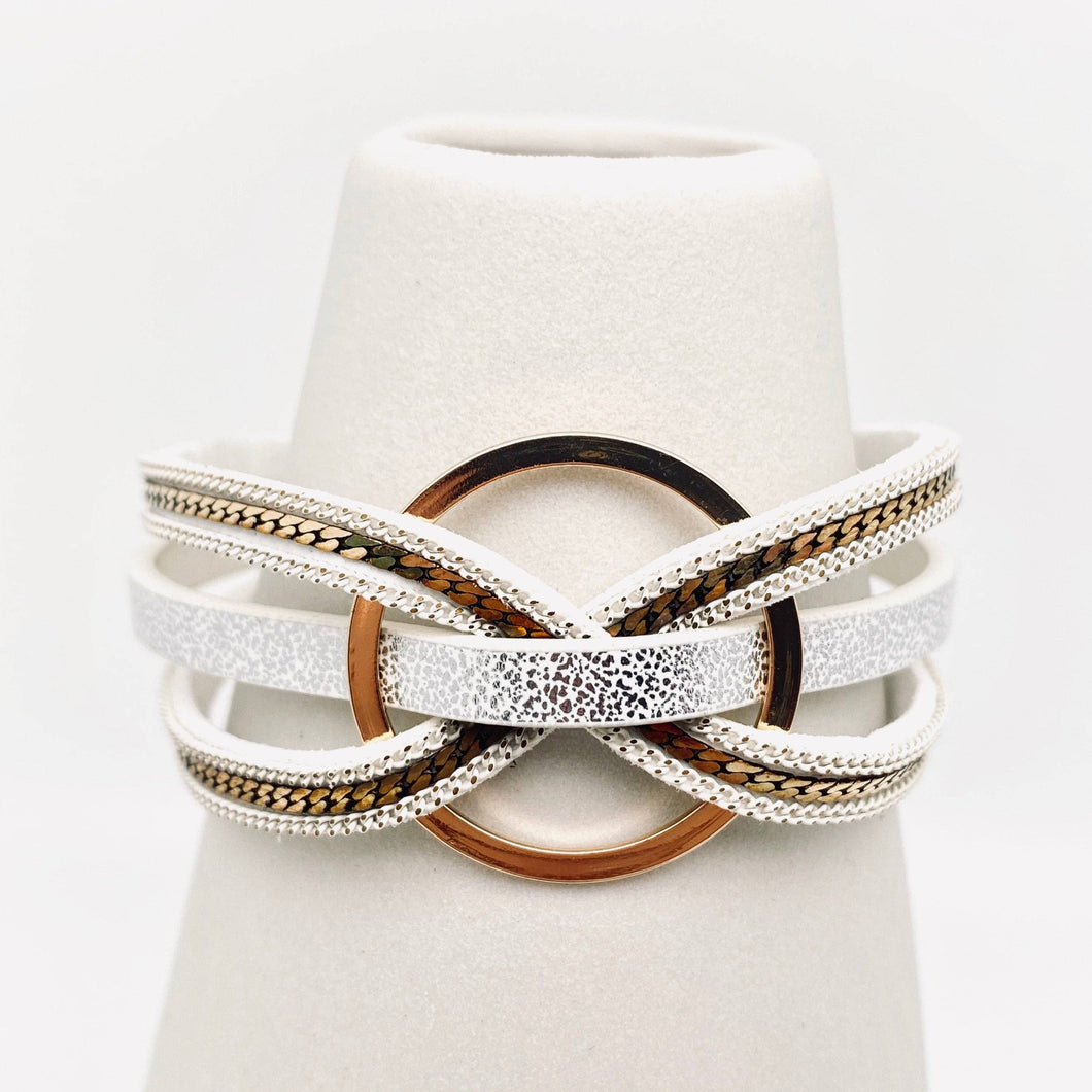 Magnetic Buckle Ring Charm Leather Bangle Bracelet: White