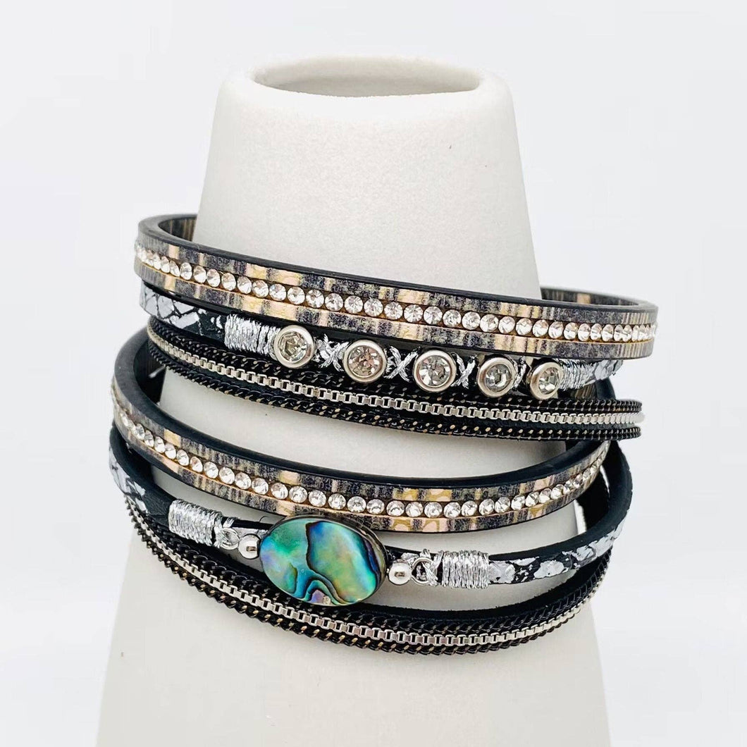 Abalone Shell Rhinestone Leather Magnetic Buckle Bracelet