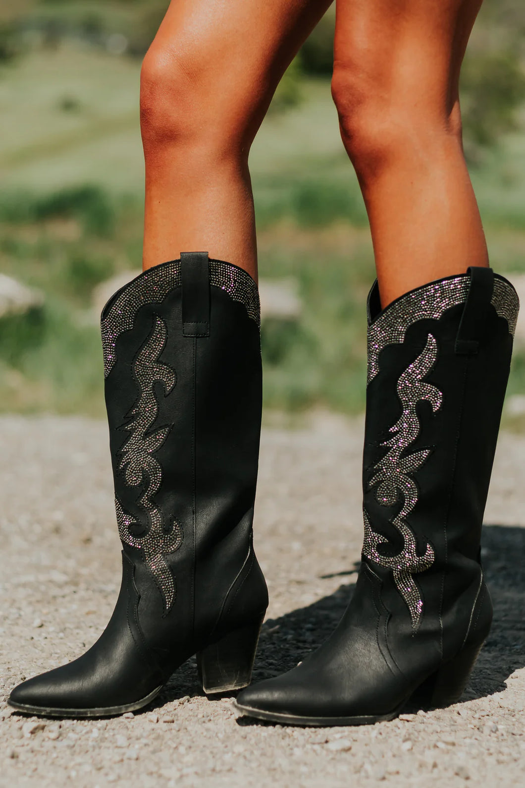 Qupid Black Rhinestone Embellished Western Boots Sassy Sapphire