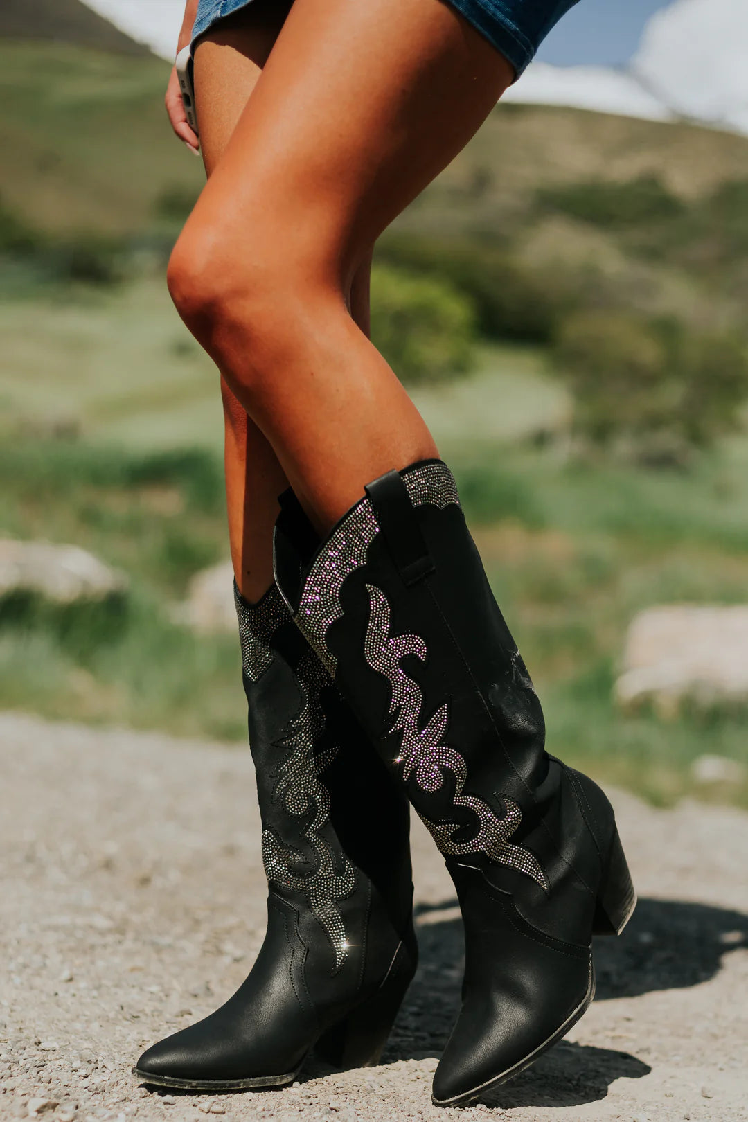 Qupid Black Rhinestone Embellished Western Boots 5.5