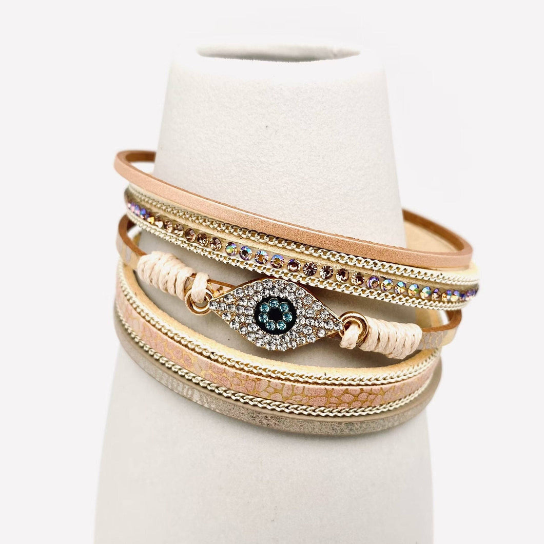 Devil's Eye Charm Multi-layer Pu Leather Bangle Bracelet: Apricot