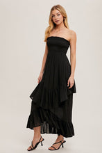 Load image into Gallery viewer, boho smocked strapless tiered ruffle midi dress
