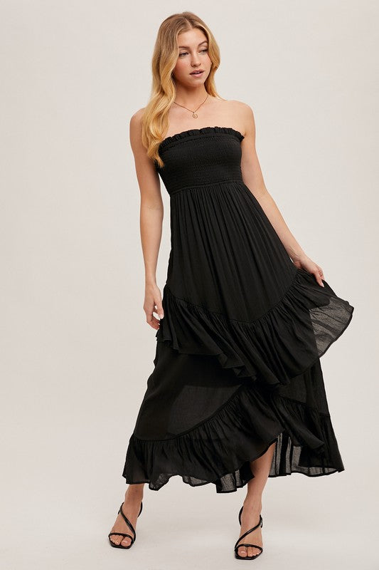 boho smocked strapless tiered ruffle midi dress