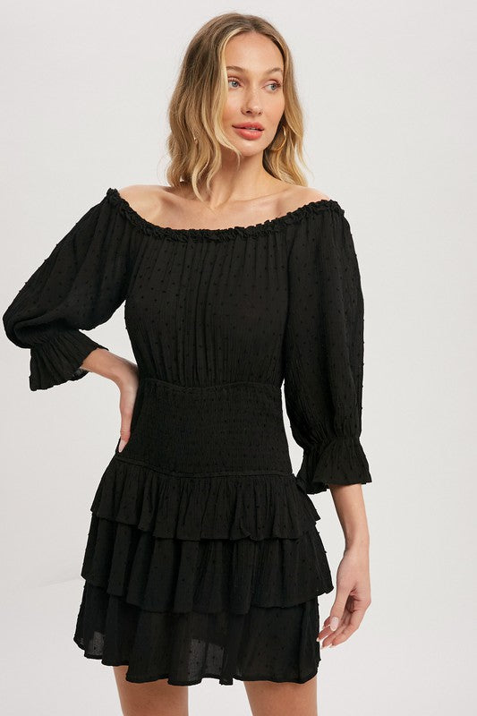 OFF SHOULDER TIERED RUFFLE DRESS