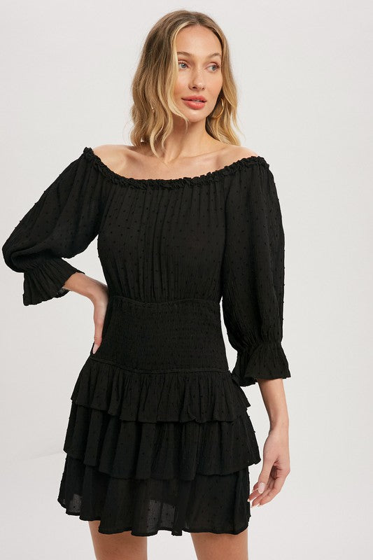 off the shoulder tiered ruffle dress OFF SHOULDER TIERED RUFFLE DRESS Indigo / Medium