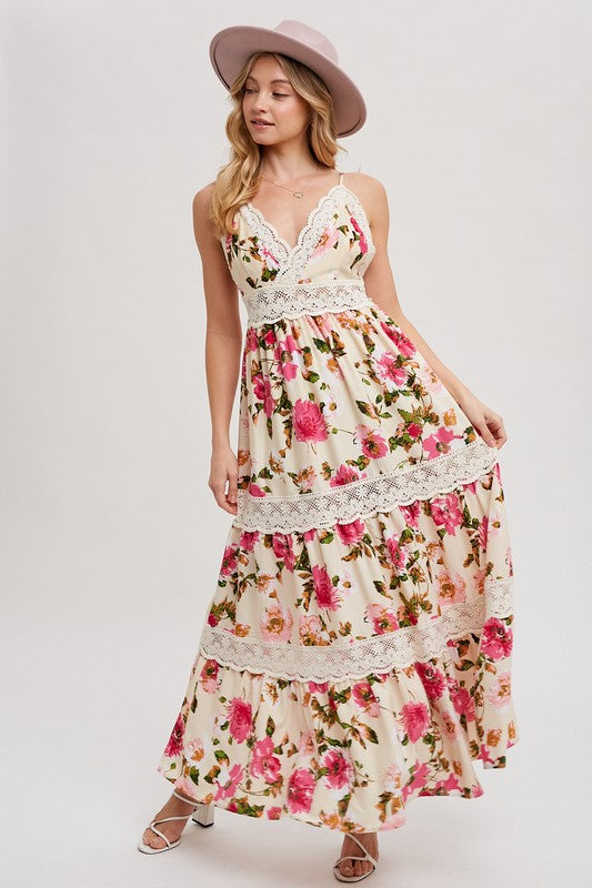 Floral Print Tiered Lace Contrast Maxi Dress