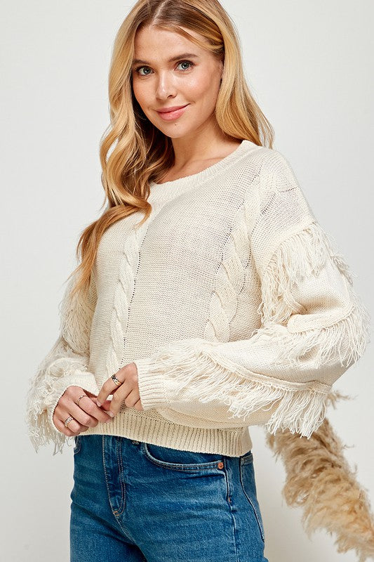 ROPE TEXTURED FRINGE DETAILED SWEATER