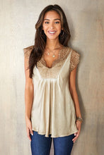 Load image into Gallery viewer, FLORAL LACE CAP SLEEVE SILKY V NECK TOP
