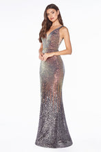Load image into Gallery viewer, Fitted ombre sequin gown with v-neckline.
