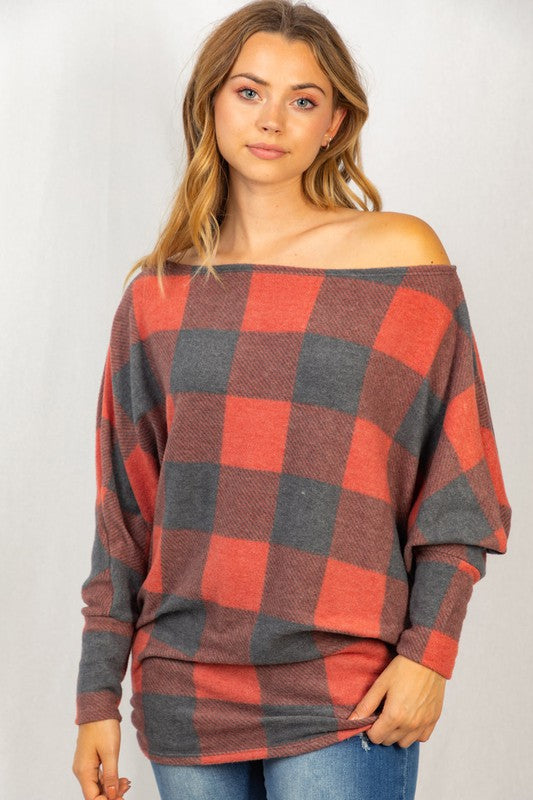 Off the Shoulder Buffalo Plaid Knit Top