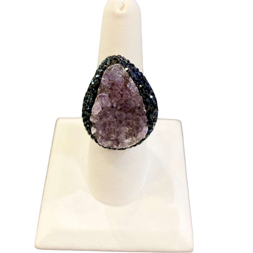 925 Amethyst & Black Crystal Gemstone Ring