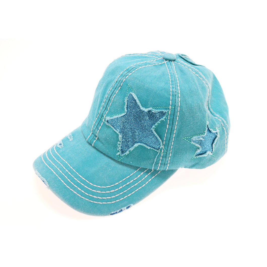 Distressed High Pony Cap with Glitter Star