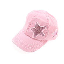 Load image into Gallery viewer, Distressed High Pony Cap with Glitter Star
