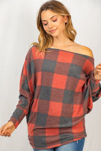 Load image into Gallery viewer, Off the Shoulder Buffalo Plaid Knit Top
