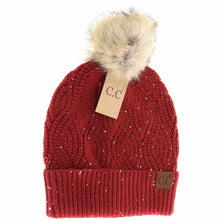 Load image into Gallery viewer, Sequin Brioche Cable Knit Fur Pom C.C Beanie
