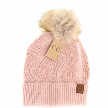Load image into Gallery viewer, Sequin Brioche Cable Knit Fur Pom C.C Beanie
