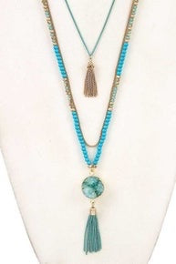 LAYERED Druzy STONE TASSEL PENDANT BEAD NECKLACE SET