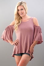 Load image into Gallery viewer, Ruffled Sleeve Cold Shoulder Solid Top
