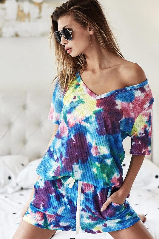TIE DYE PRINT THERMAL WAFFLE TOP AND BOTTOM SET