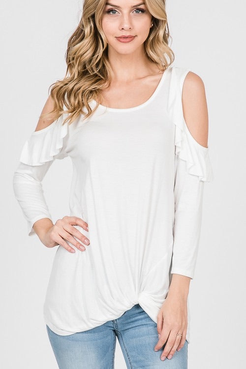 HEIMISH RUFFLED COLD SHOULDER SOLID TOP (MEDIUM ONLY)