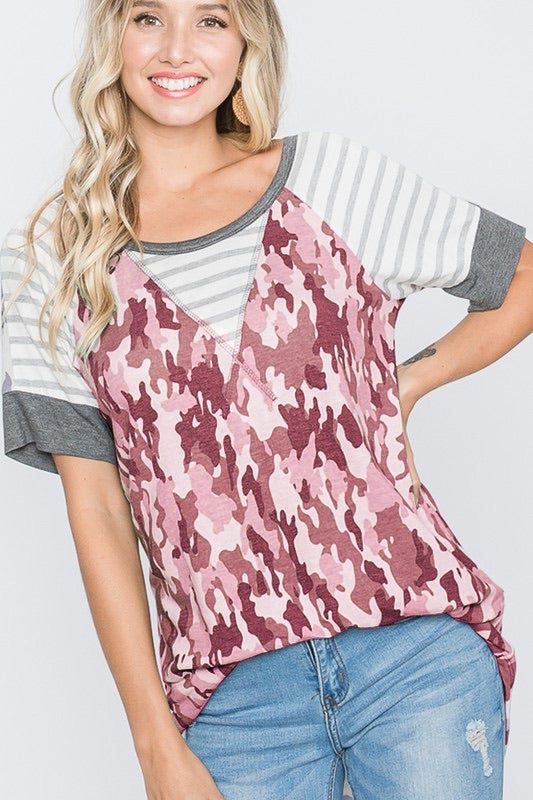 ROUND NECK STRIPE AND CAMO CONTRAST TOP