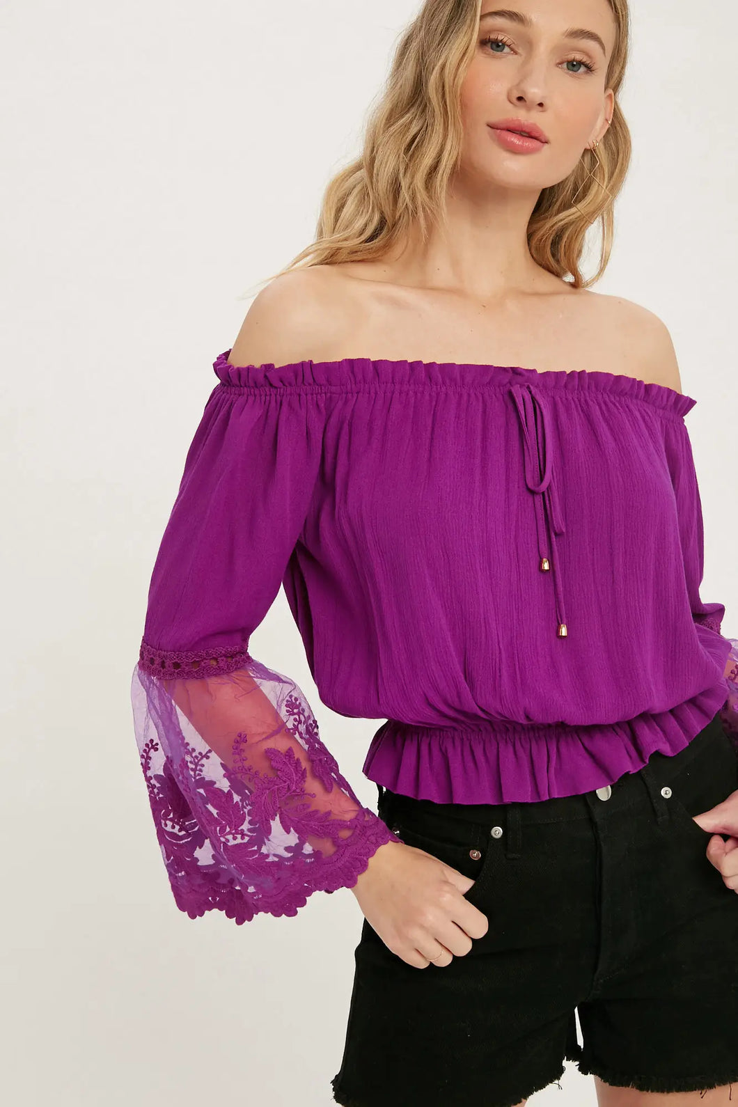 Lace Trim Bell Sleeves Blouse